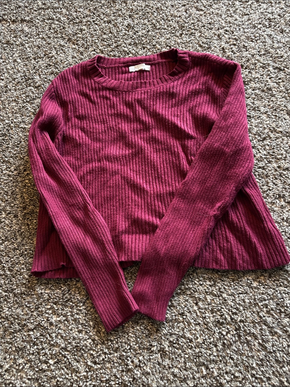 Ribbed Long Sleeve Crewneck Sweater - Burgundy Slightly Cropped